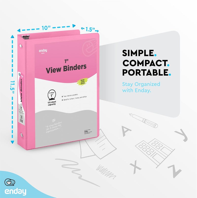 Enday 1 Inch 3 Ring Binder 1” Binder Pink Clear View Cover with 2 Inside Pockets, Colored School Supplies Office and Home Binders – by - Image 3